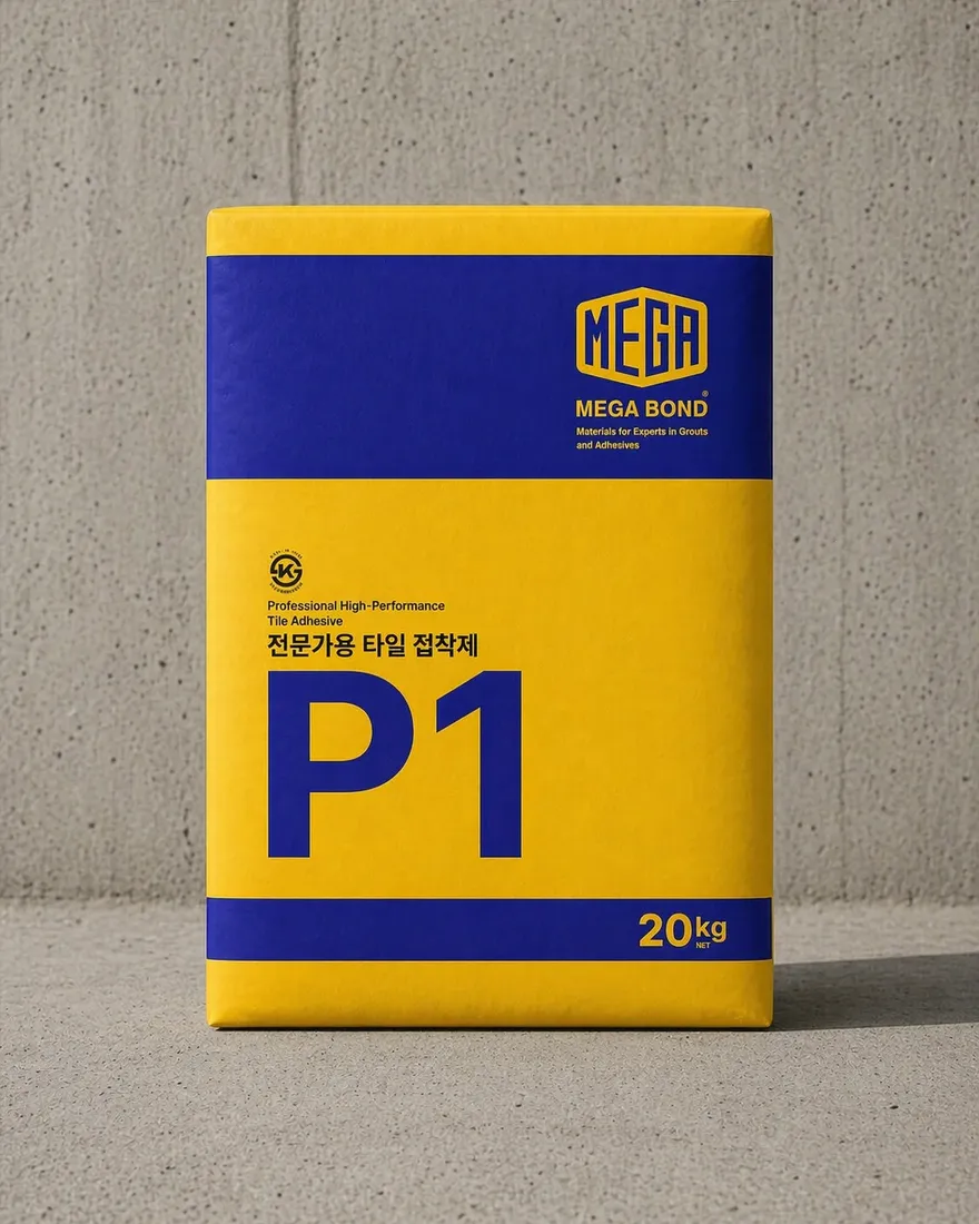 압착시멘트 메가본드 P1 20kg 포대를 콘크리트 벽 앞에 세워 둔 제품 사진